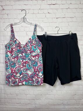 Lands' End Paisley Tankini Top With Black Shorts Swim Set